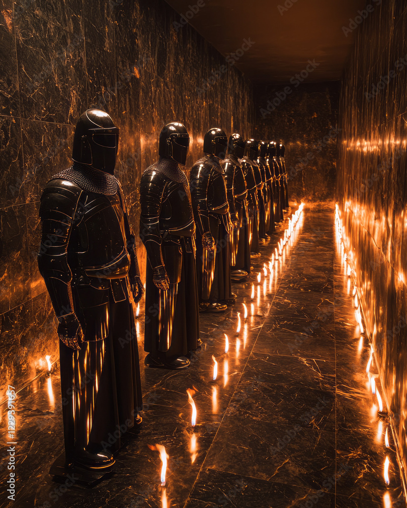 Poster a striking photograph of an emperorâ€™s armor set displayed in a torch-lit hall, reflecting an era o