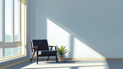 Calm indoor space with minimalist chair and plant modern living room digital art sunlit ambience serene viewpoint interior design concept