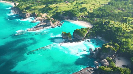 photo Aerial view of the rocky coast of Nusa with turquoise sea water hitting the coast of the Nusa Islands,