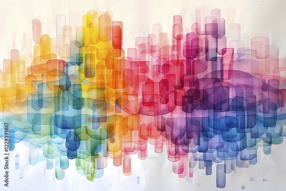 Poster colorful abstract artwork with overlapping transparent shapes creating a dynamic composition, ai gen