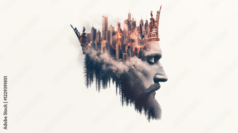 Poster a creative design showing an emperorâ€™s crown seamlessly morphing into a city skyline, symbolizing 