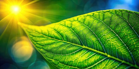 Fototapeta premium Sun-drenched green leaf, macro detail, bokeh blur.