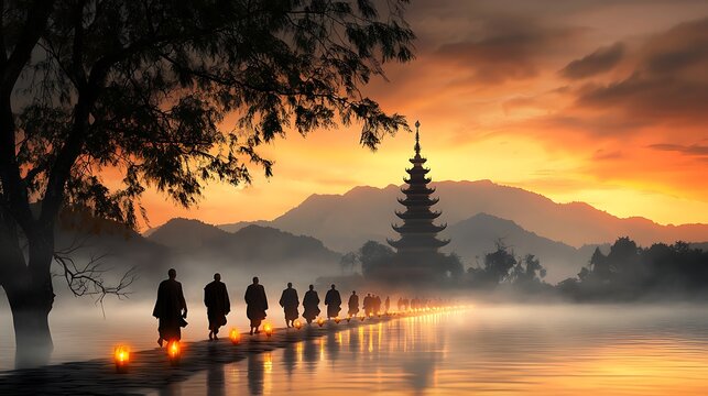 A group of monks walking barefoot in a candlelit procession around a sacred golden stupa, their silhouettes illuminated by warm glowing lights, intense spiritual atmosphere, deep religious devotion, 