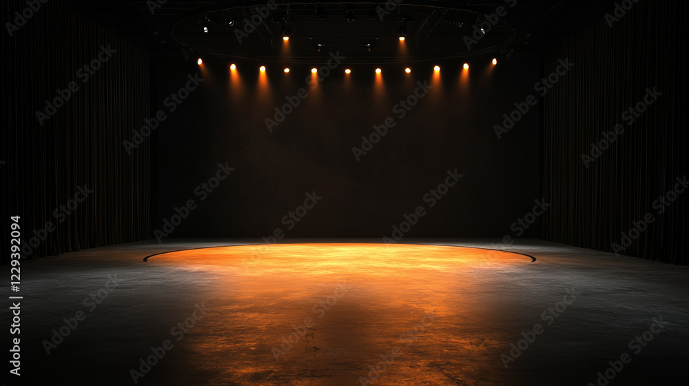 Poster a serene image of an empty circus ring under muted lights, evoking the quiet potential before the sh