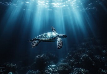 Obraz premium Majestic Sea Turtle Gliding Through Sunlit Waters of a Vibrant Coral Reef Beneath the Ocean's Surface
