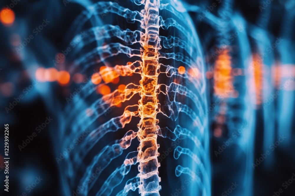Poster intricate detail of a human spine highlighted with glowing elements in a scientific representation