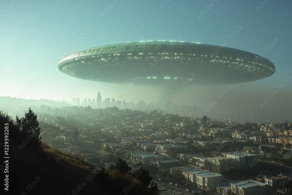 Aufkleber ufo hovering over a city skyline in the early morning light with a hazy atmosphere