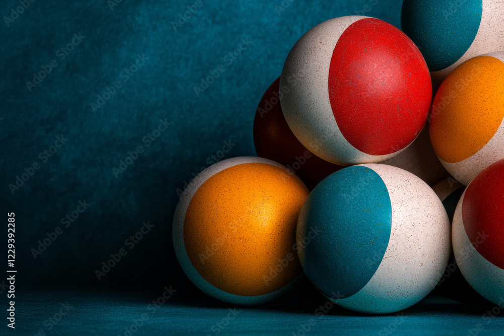 Poster a high-resolution macro shot of colorful juggling balls arranged on a table, highlighting the tools 