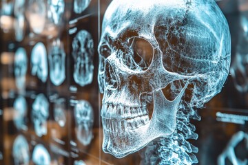 Detailed anatomical display of a human skull alongside various medical imaging scans in a clinical setting