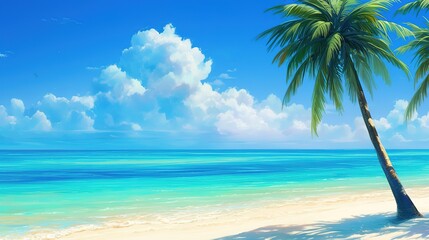 photo of the perfect island beach. Summer paradise tropical travel landscape. Luxurious bright blue sea sky white sand palm trees. Exotic amazing tourism relax