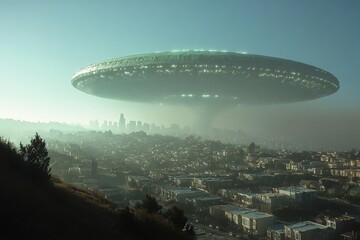 UFO hovering over a city skyline in the early morning light with a hazy atmosphere