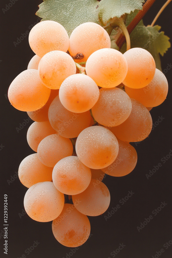 Poster a high-resolution close-up of ripe grapes hanging from vines, capturing the rich color and texture t