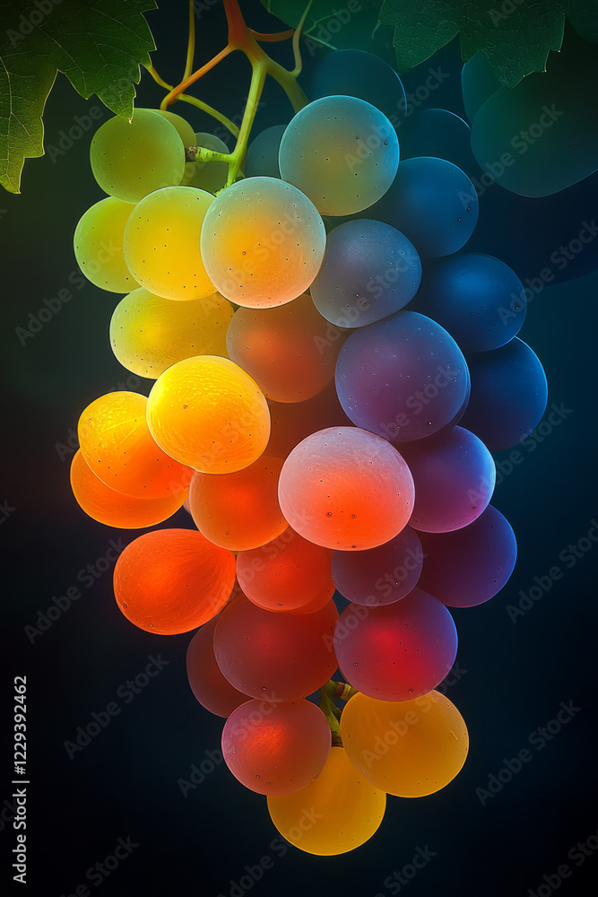 Poster a high-resolution close-up of ripe grapes hanging from vines, capturing the rich color and texture t
