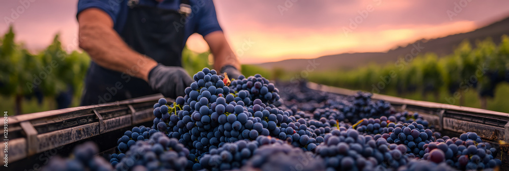 Poster a vibrant photograph of a winemaker carefully inspecting grape clusters, illustrating the attention 