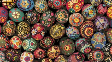 Hand-decorated easter eggs featuring bright colors and patterns on a dark surface, AI generated