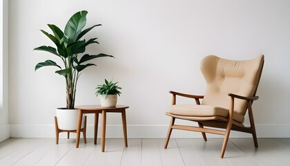 Una sala de estar minimalista con un sillón beige, una pequeña mesa auxiliar de madera y una maceta contra una pared blanca y lisa