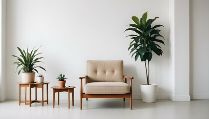 Fototapeta premium Una sala de estar minimalista con un sillón beige, una pequeña mesa auxiliar de madera y una maceta contra una pared blanca y lisa