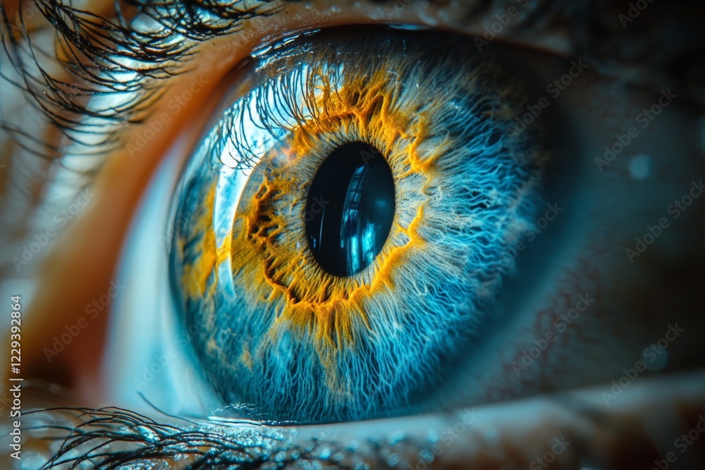 Aufkleber detailed close-up of a human eye showcasing vibrant blue and orange patterns, emphasizing unique iri