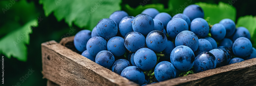 Poster a minimalist scene showcasing freshly harvested grapes in a wooden crate, symbolizing the first step