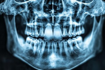 Detailed dental x-ray showing the upper and lower jaw structure with clear views of teeth and roots for diagnosis