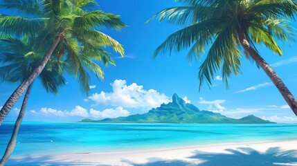 photo of the perfect island beach. Summer paradise tropical travel landscape. Luxurious bright blue sea sky white sand palm trees. Exotic amazing tourism relax
