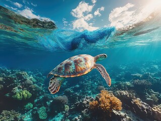 Obraz premium Majestic Sea Turtle Gliding Through Vibrant Coral Reef Under Crystal Clear Water Surface with Shadows of Ocean Waves Above