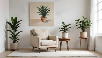 Una sala de estar minimalista con un sillón beige, una pequeña mesa auxiliar de madera y una maceta contra una pared blanca y lisa