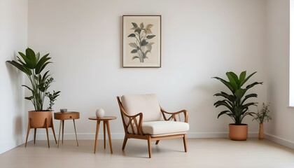Una sala de estar minimalista con un sillón beige, una pequeña mesa auxiliar de madera y una maceta contra una pared blanca y lisa © Monster