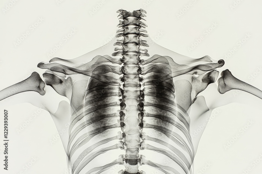 Aufkleber detailed front view of human skeleton showcasing spine and shoulder structure in a medical setting