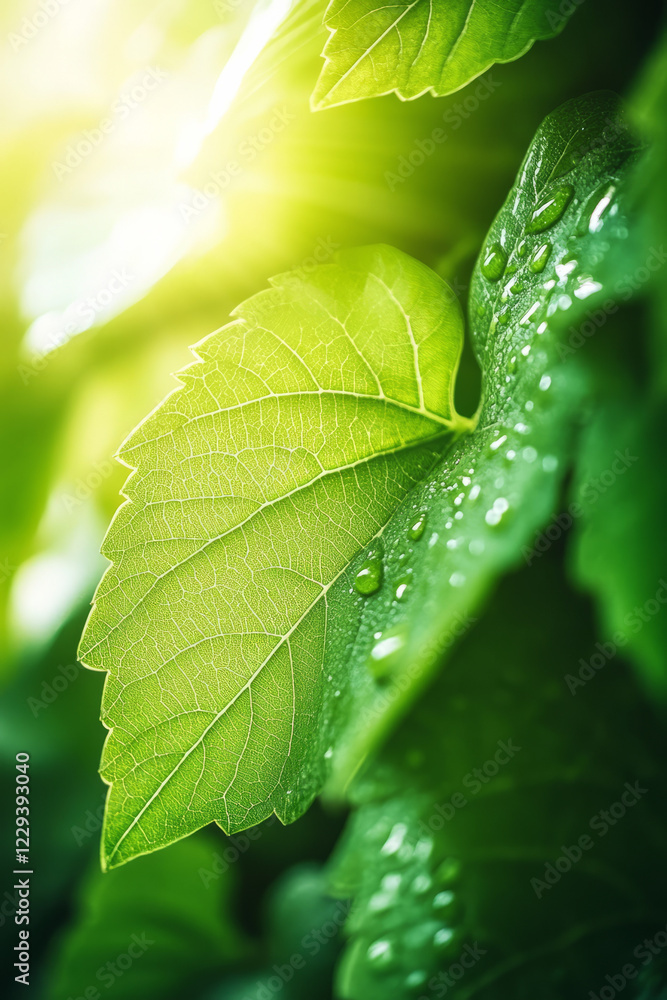 Poster a detailed macro image of grape leaves under soft sunlight, emphasizing the natural beauty and growt