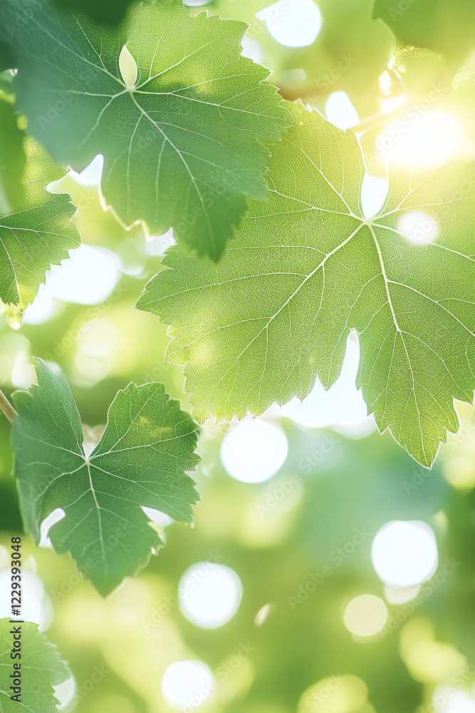 Poster a detailed macro image of grape leaves under soft sunlight, emphasizing the natural beauty and growt