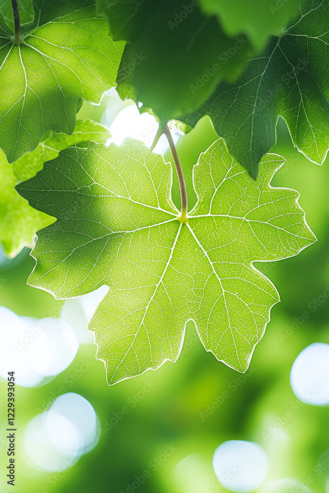 Poster a detailed macro image of grape leaves under soft sunlight, emphasizing the natural beauty and growt