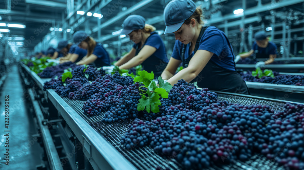 Aufkleber a high-angle perspective capturing a group of workers sorting grapes on a conveyor belt, illustratin