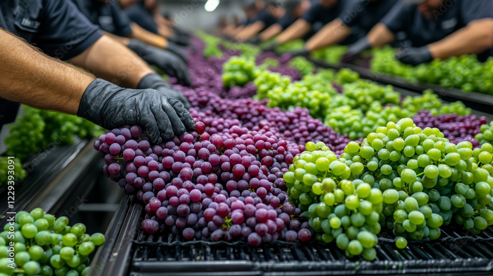 Poster A high-angle perspective capturing a group of workers sorting grapes on a conveyor belt, illustrating teamwork and precision in a modern winery,