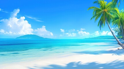 photo of the perfect island beach. Summer paradise tropical travel landscape. Luxurious bright blue sea sky white sand palm trees. Exotic amazing tourism relax