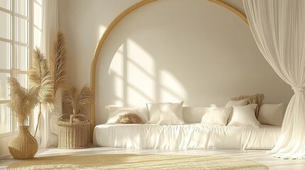 Sunlit boho bedroom, arched alcove, window, relaxation, neutral tones, interior design, home decor, mockup