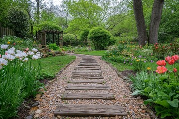 Garden pathway lined with blooming flowers in a serene nature setting during springtime