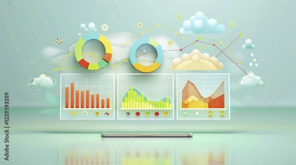 Poster colorful data presentation concept with 3d charts, graphs, and cloud shapes symbolizing cloud comput