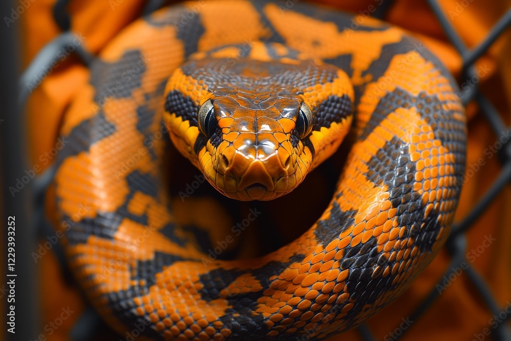 Poster brightly colored snake curled up in an enclosure surrounded by a metal grid, showcasing its striking