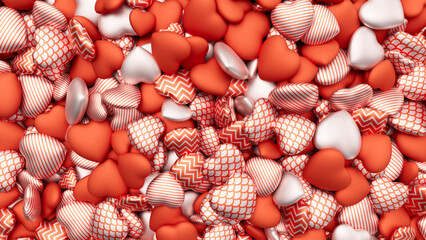 Red and pink textured hearts background for Valentine's Day. Pile of hearts. Romantic backdrop. 3d render illustration