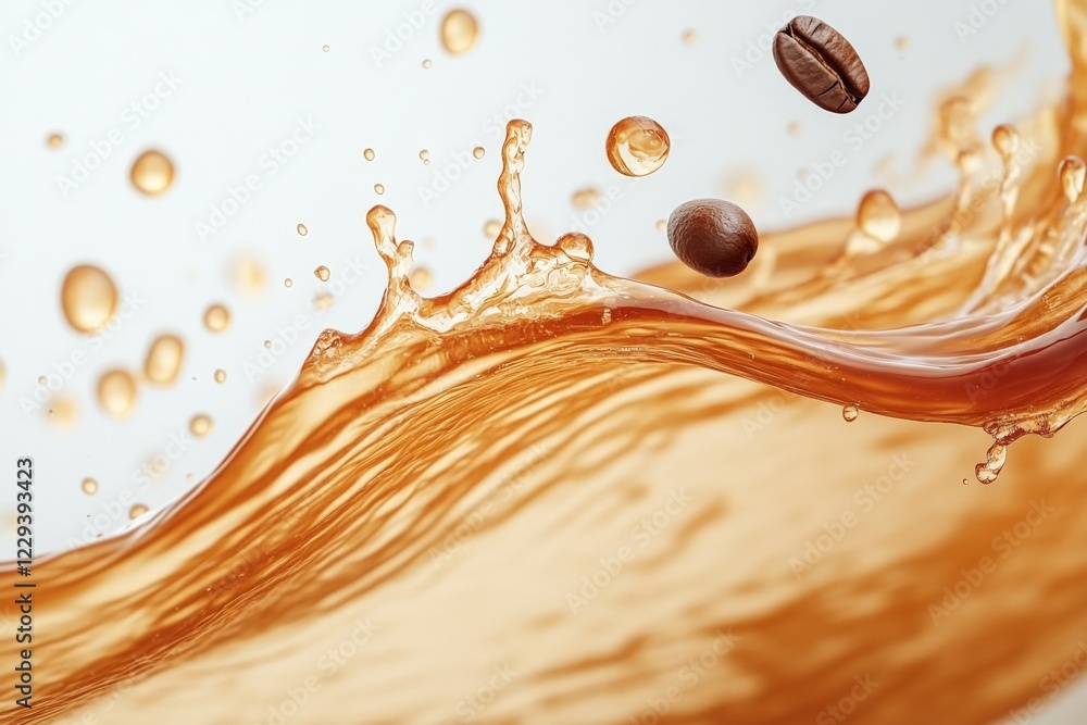 Poster Coffee beans splash into rich liquid creating dynamic waves of energy in a vibrant setting