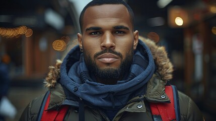 A man in winter clothing with a serious expression standing in an urban setting with bokeh lights, AI generated