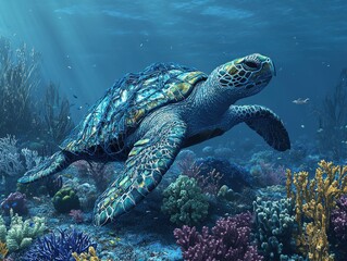 Fototapeta premium Majestic Sea Turtle Gliding Through Vibrant Coral Reef Underwater Scene with Sunlight and Marine Life in Beautiful Ocean Environment