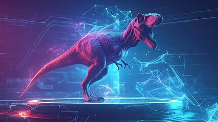 polygonal wireframe dinosaur retro futurism hologram, realized on abstract podium