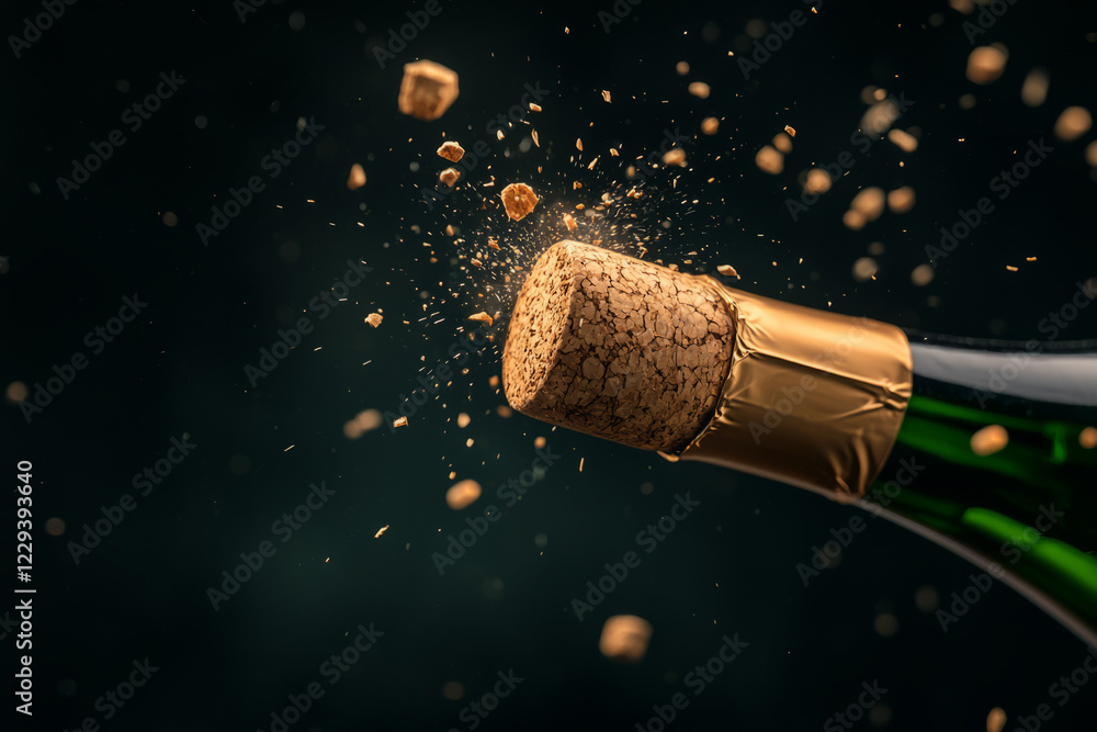 Poster a close-up photograph of a cork popping from a newly opened wine bottle, capturing the excitement an