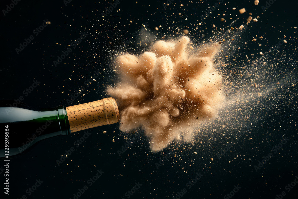 Poster a close-up photograph of a cork popping from a newly opened wine bottle, capturing the excitement an