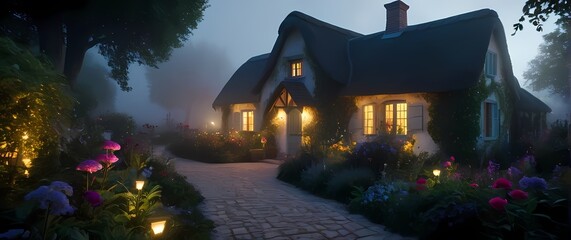 A quaint cottage with vibrant flowering plants framing the garden path