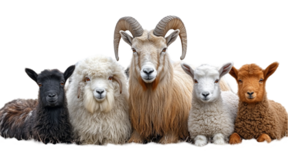 Five Sheep of Various Breeds and Colors Pose Together Against a