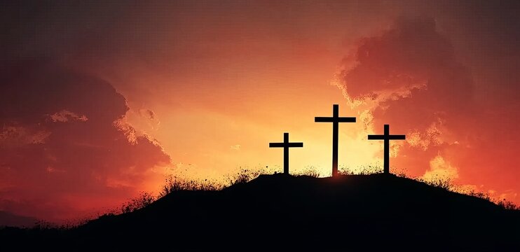 Silhouette of three crosses on a hill right side with a sunset sky background with copy space 