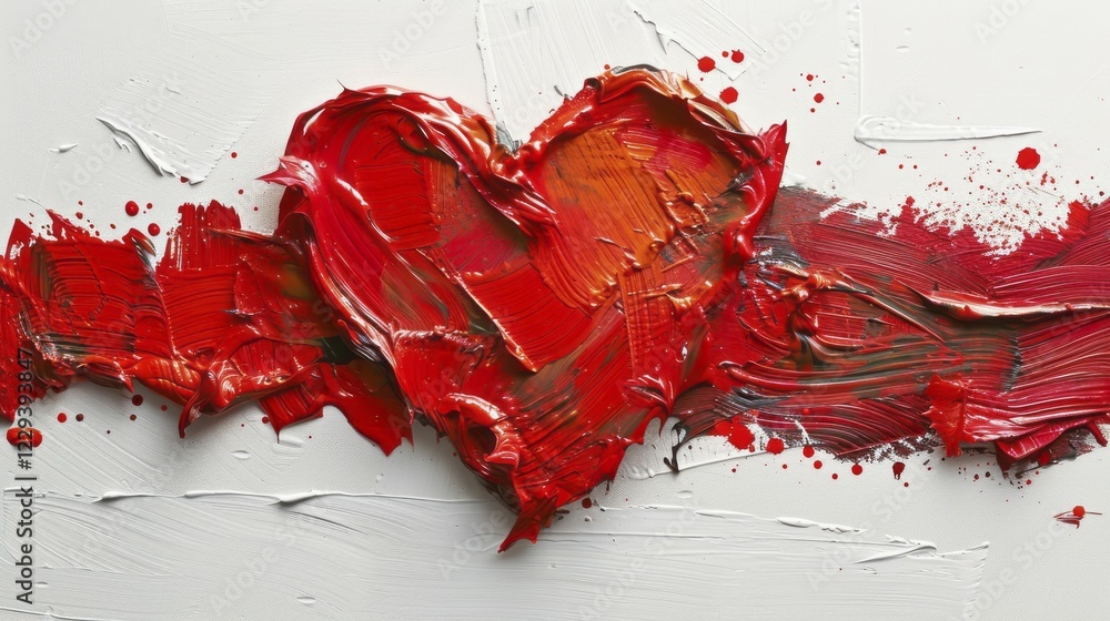 Poster expressive abstract art of a red heart with a dynamic split texture against a white background, ai g